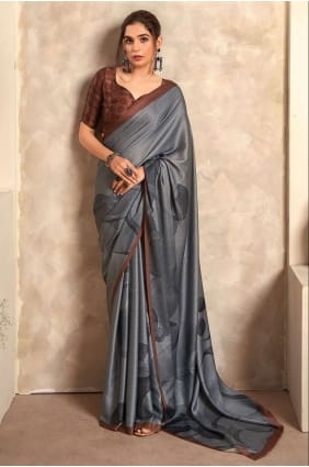 satin grey sari in digital print SR26324