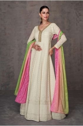 Costume Anarkali en georgette brodé en blanc AS3808