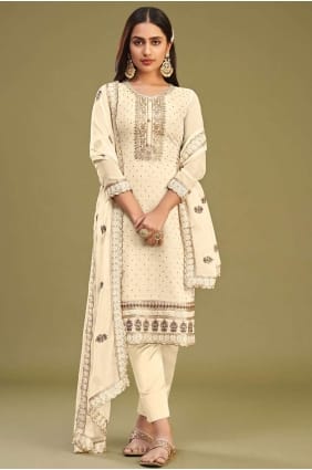 embroidered straight pant suit in off white georgette SK153948