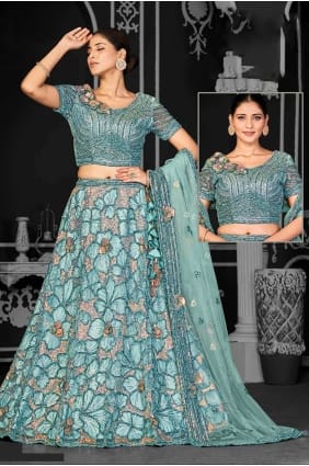 Filet brodé Lehenga Choli en bleu aqua LC7640