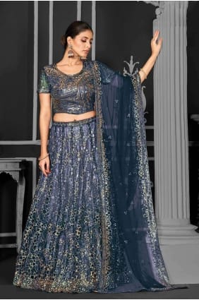 Sarcelle Lehenga Choli brodé en filet LC7645