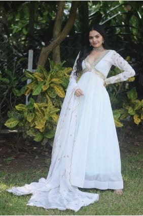 faux georgette white gown dress in embroidered GW0748