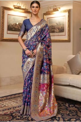 printed sari in blue handloom silk SR26349