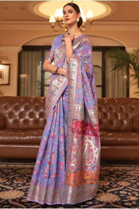 voilet sari in printed handloom silk SR26351