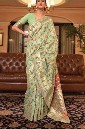 pista sari with printed handloom silk SR26352