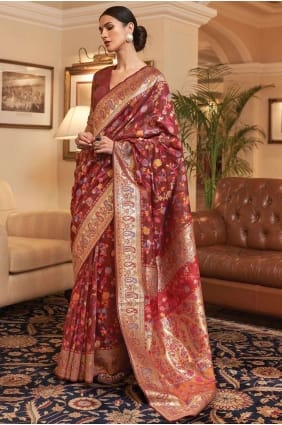 maroon printed sari in handloom silk SR26353