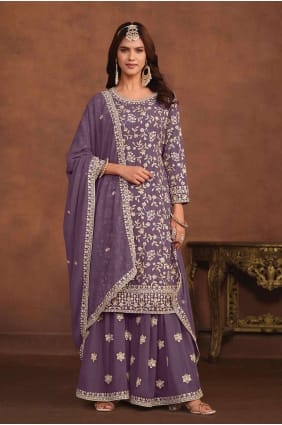 Tailleur palazzo brodé en fausse georgette violette PZ3906