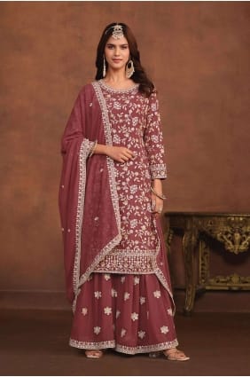 rust embroidered faux georgette palazzo suit PZ3908