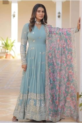 robe robe bleu ciel en fausse georgette à paillettes avec dupatta GW0753