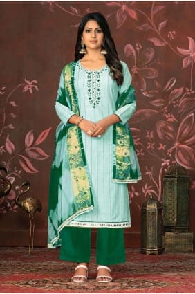 Costume palazzo en coton vert d’eau avec main PZ3915