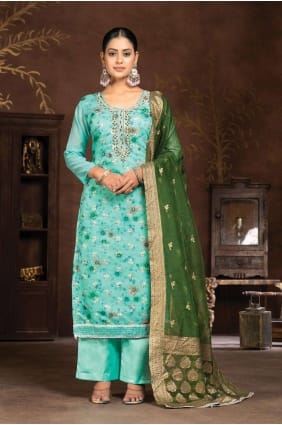 Costume palazzo en soie imprimée bleu avec dupatta PZ3926