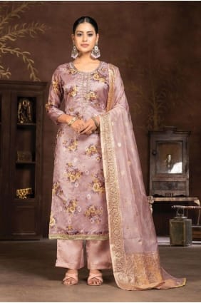 Salwar Kameez rose en organza avec impression numérique SK153970