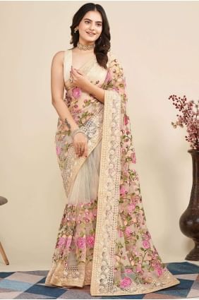 Saree en filet doux pêche avec broderie SR26398