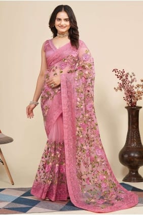 Sari rose brodé en filet doux SR26399