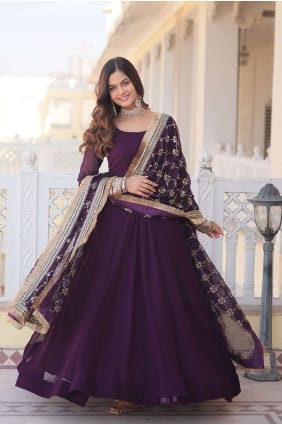 robe brodée en fausse georgette vin avec dupatta GW0761