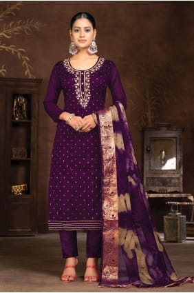 costume pantalon droit violet en soie chanderi à la main avec dupatta SK154042