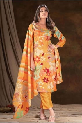 Jaune Impression numérique Mousseline Salwar Kameez SK154064