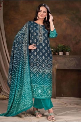 mousseline impression numérique bleu sarcelle salwar kameez avec dupatta SK154069