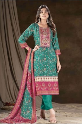 Salwar Kameez vert d’eau avec mousseline d’impression numérique SK154070