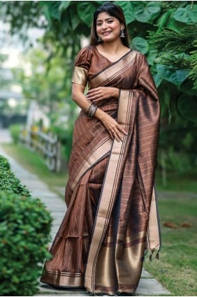 Tussar soie tissage sari marron avec chemisier SR26461
