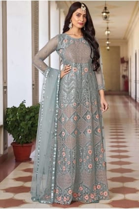 Costume Anarkali en filet brodé en vert avec Dupatta AS3821