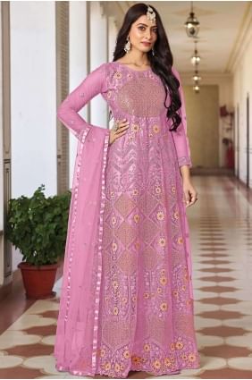 Costume Anarkali en filet brodé rose AS3823