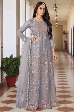 Costume Anarkali Brodé Gris en Filet AS3824