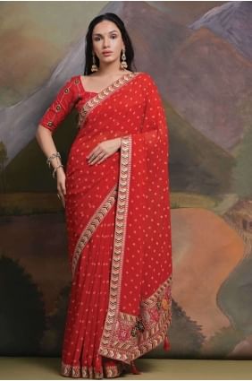 Georgette Red Saree en paillettes, imprimé SR26487