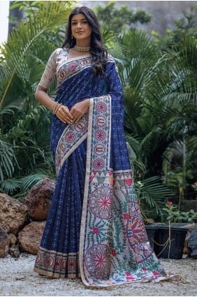Sari en soie Tussar imprimé bleu SR26499