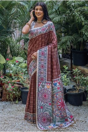 Saree Tussar en soie café avec imprimé SR26500