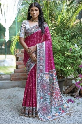 Sari rose imprimé en soie Tussar SR26501