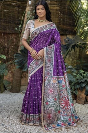 Tussar soie violet sari en imprimé SR26504