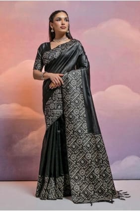 sari tissage noir en soie tissée à la main SR26506