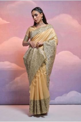 Saree crème en tissage de soie tissé à la main SR26507
