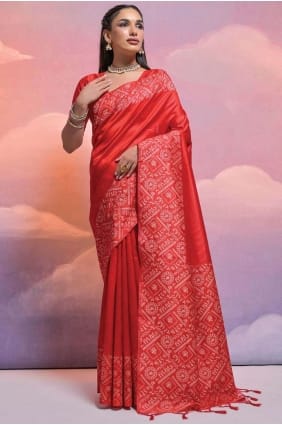 Saree en soie tissé à la main rouge avec tissage SR26514