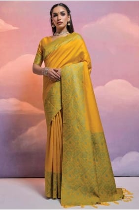 Saree jaune en tissage de soie à la main SR26516