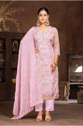 Tailleur-pantalon droit en organza pêche avec brodé SK154077