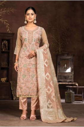 Tailleur-pantalon droit en organza pêche avec brodé SK154081