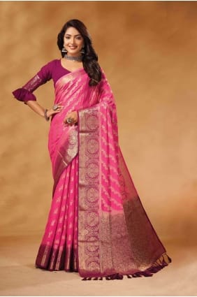 Saris rose en georgette avec tissage SR26519