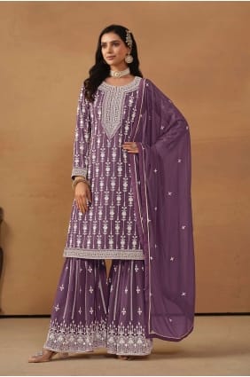 Costume sharara violet en fausse georgette avec broderie SS1113