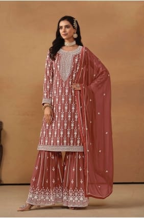Costume Sharara brodé en fausse georgette marron avec Dupatta SS1115