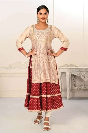 Kurti imprimé en coton crème avec Dupatta KTI2343