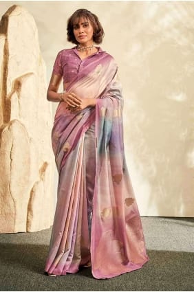 sari imprimé rose en soie tissée à la main SR26899