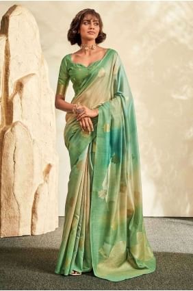 Saree tissé à la main en vert avec imprimé SR26900