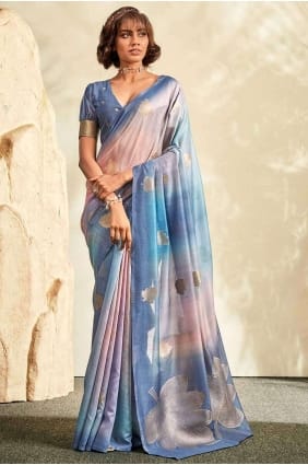 Saree bleu en métier à tisser avec imprimé SR26902