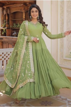 Robe verte brodée en fausse georgette avec Dupatta GW0859