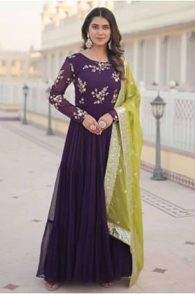 Robe violette brodée en fausse georgette avec Dupatta GW0864