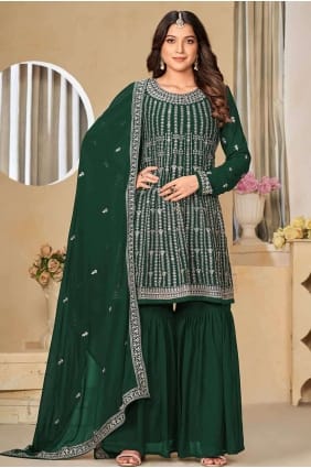 Costume palazzo en fausse georgette brodé en vert avec dupatta PZ4001