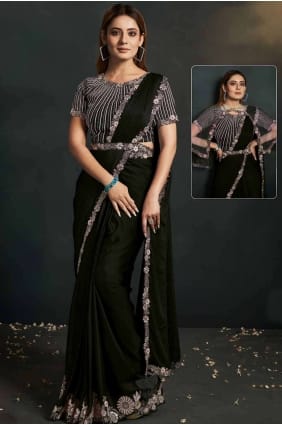 sari en crêpe noir à paillettes, brodé SR26923