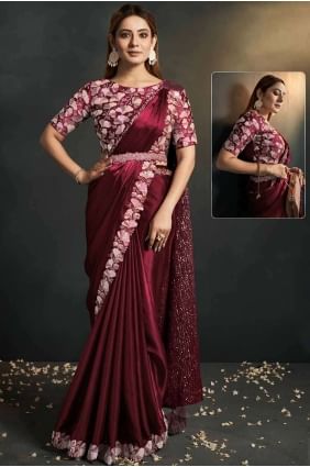 Crêpe Saree marron avec paillettes, brodé SR26924